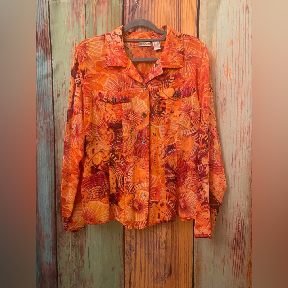 Chico's Sz.3 Embellished Orange and Red Silk Blouse